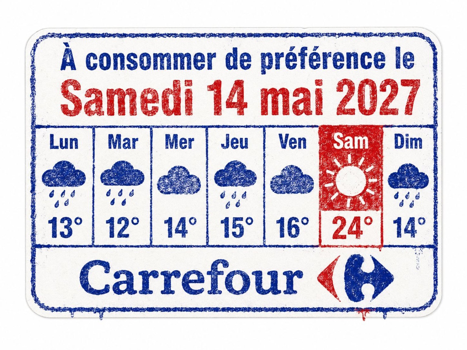 Carrefour ideal consumption date label with a seven-day weather forecast
